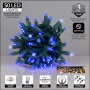 50 5mm Blue SoftTwinkle LED Christmas Lights, Green Wire, 4" Spacing