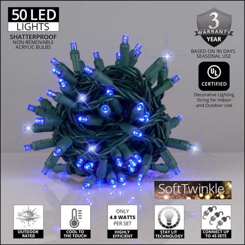 50 5mm Blue SoftTwinkle LED Christmas Lights, Green Wire, 4" Spacing