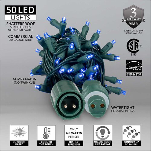 50 5mm Blue WeatherPRO TM Commercial LED Lights, Green Wire, 4" Spacing