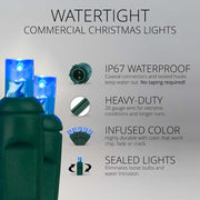 50 5mm Blue WeatherPRO TM Commercial LED Lights, Green Wire, 4" Spacing