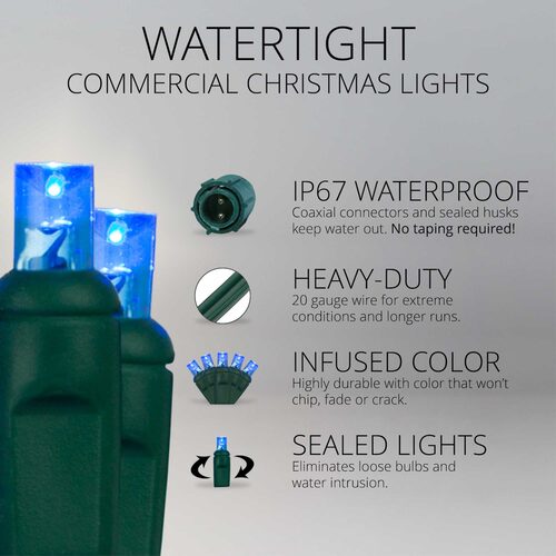 50 5mm Blue WeatherPRO TM Commercial LED Lights, Green Wire, 4" Spacing