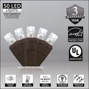 50 5mm Cool White LED Christmas Lights, Brown Wire, 6" Spacing