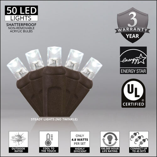 50 5mm Cool White LED Christmas Lights, Brown Wire, 6" Spacing