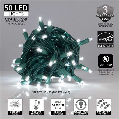 5mm Cool White LED Christmas Lights, Green Wire