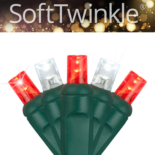 50 5mm Cool White, Red SoftTwinkle LED Christmas Lights, Green Wire, 4" Spacing