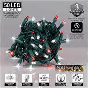 50 5mm Cool White, Red SoftTwinkle LED Christmas Lights, Green Wire, 4" Spacing