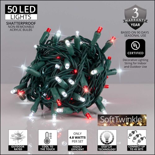 50 5mm Cool White, Red SoftTwinkle LED Christmas Lights, Green Wire, 4" Spacing