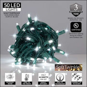 50 5mm Cool White SoftTwinkle LED Christmas Lights, Green Wire, 4" Spacing