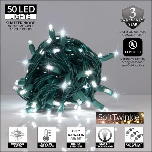 50 5mm Cool White SoftTwinkle LED Christmas Lights, Green Wire, 4" Spacing