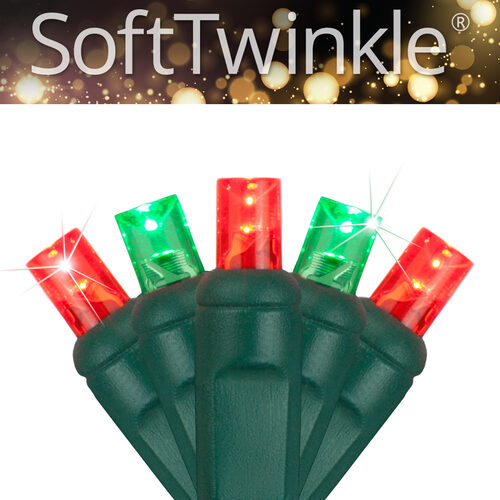 50 5mm Green, Red SoftTwinkle LED Christmas Lights, Green Wire, 4" Spacing