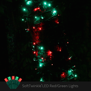 50 5mm Green, Red SoftTwinkle LED Christmas Lights, Green Wire, 4" Spacing