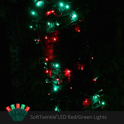 50 5mm Green, Red SoftTwinkle LED Christmas Lights, Green Wire, 4" Spacing