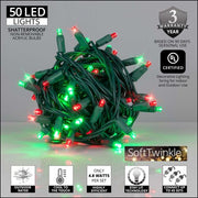 50 5mm Green, Red SoftTwinkle LED Christmas Lights, Green Wire, 4" Spacing