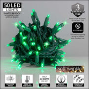 50 5mm Green SoftTwinkle LED Christmas Lights, Green Wire, 4" Spacing
