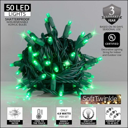 50 5mm Green SoftTwinkle LED Christmas Lights, Green Wire, 4" Spacing