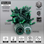 50 5mm Green WeatherPRO TM Commercial LED Lights, Green Wire, 4" Spacing