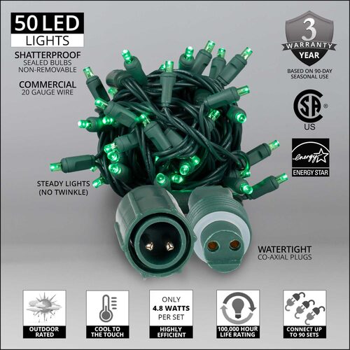 50 5mm Green WeatherPRO TM Commercial LED Lights, Green Wire, 4" Spacing