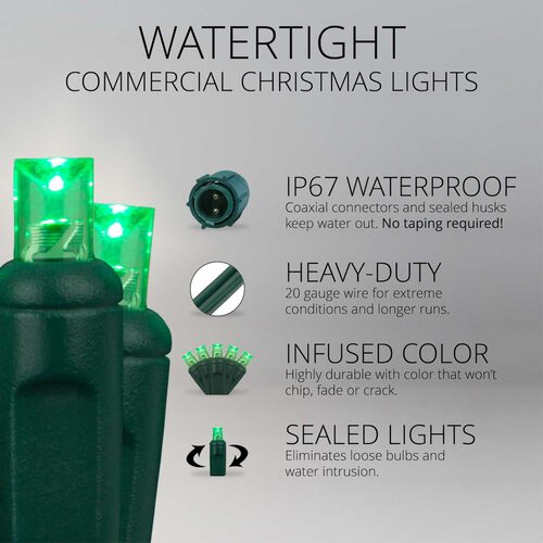 50 5mm Green WeatherPRO TM Commercial LED Lights, Green Wire, 4" Spacing
