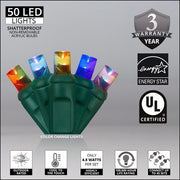 50 5mm Multi Color Color Change LED Christmas Lights, Green Wire, 4" Spacing
