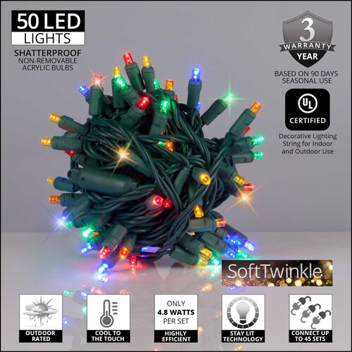 5mm Multi Color SoftTwinkle LED Christmas Lights, Green Wire