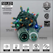 50 5mm Multi Color WeatherPRO TM Commercial LED Lights, Green Wire, 4" Spacing