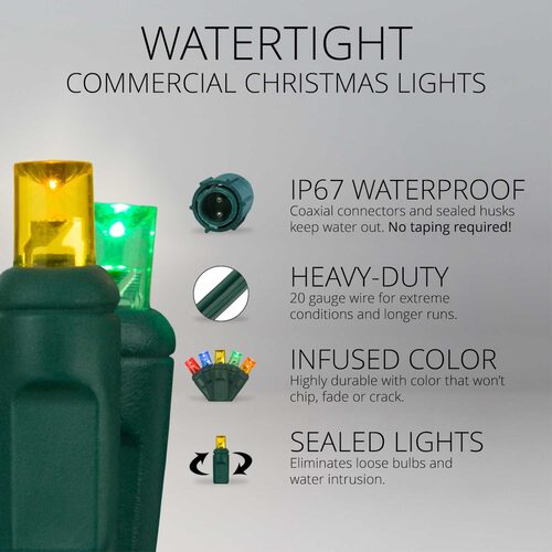 50 5mm Multi Color WeatherPRO TM Commercial LED Lights, Green Wire, 4" Spacing