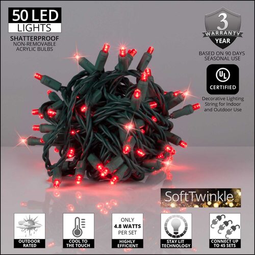 50 5mm Red SoftTwinkle LED Christmas Lights, Green Wire, 4" Spacing