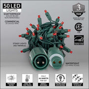50 5mm Red WeatherPRO TM Commercial LED Lights, Green Wire, 4" Spacing