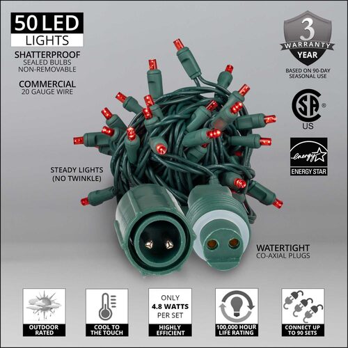 50 5mm Red WeatherPRO TM Commercial LED Lights, Green Wire, 4" Spacing