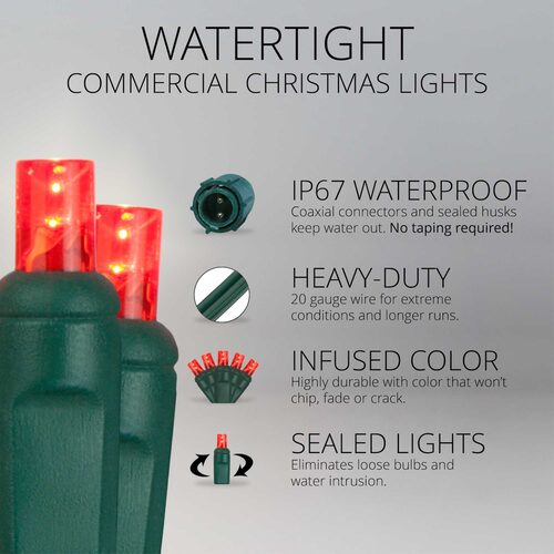 50 5mm Red WeatherPRO TM Commercial LED Lights, Green Wire, 4" Spacing