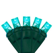 50 5mm Teal LED Christmas Lights, Green Wire, 6" Spacing