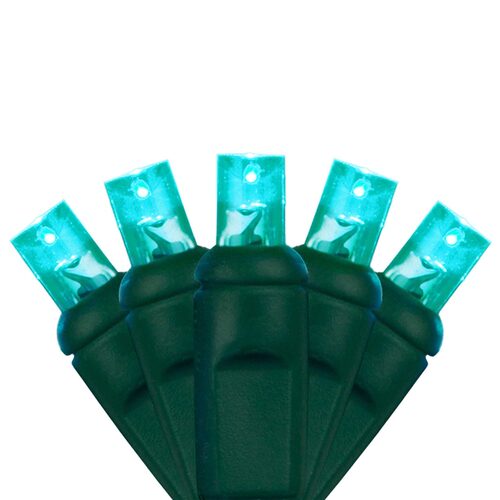50 5mm Teal LED Christmas Lights, Green Wire, 6" Spacing