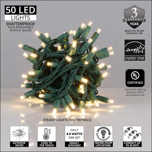 5mm Warm White LED Christmas Lights, Green Wire