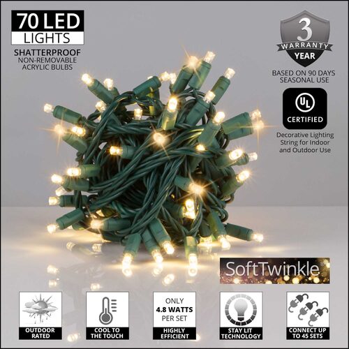 5mm Warm White SoftTwinkle LED Christmas Lights, Green Wire