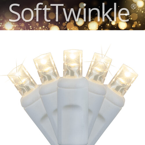 50 5mm Warm White SoftTwinkle LED Christmas Lights, White Wire, 4" Spacing