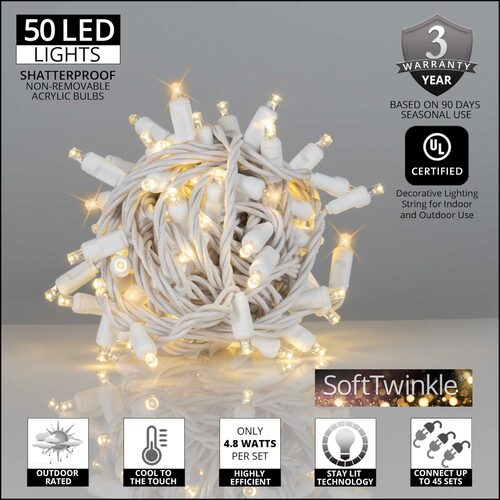 50 5mm Warm White SoftTwinkle LED Christmas Lights, White Wire, 4" Spacing