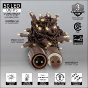 50 5mm Warm White WeatherPRO TM Commercial LED Lights, Brown Wire, 4" Spacing