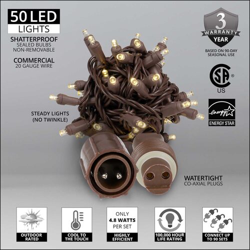 50 5mm Warm White WeatherPRO TM Commercial LED Lights, Brown Wire, 4" Spacing