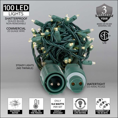 5mm Warm White WeatherPRO TM Commercial LED Lights, Green Wire
