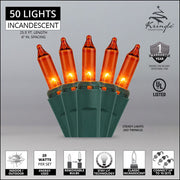 50 Amber / Orange Mini Lights, Green Wire, 6" Spacing