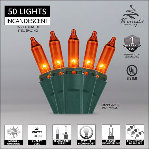 50 Amber / Orange Mini Lights, Green Wire, 6" Spacing