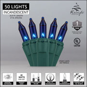 50 Blue Mini Lights, Green Wire, 6" Spacing
