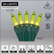 50 Chartreuse Mini Lights, Green Wire, 6" Spacing