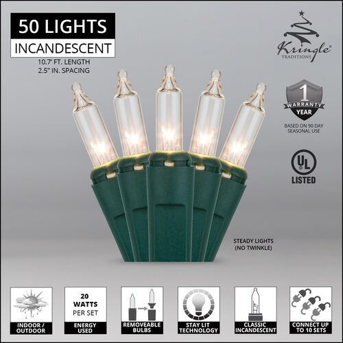 50 Clear Mini Lights, Green Wire, 2.5" Spacing