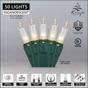 50 Clear Mini Lights, Green Wire, 6" Spacing