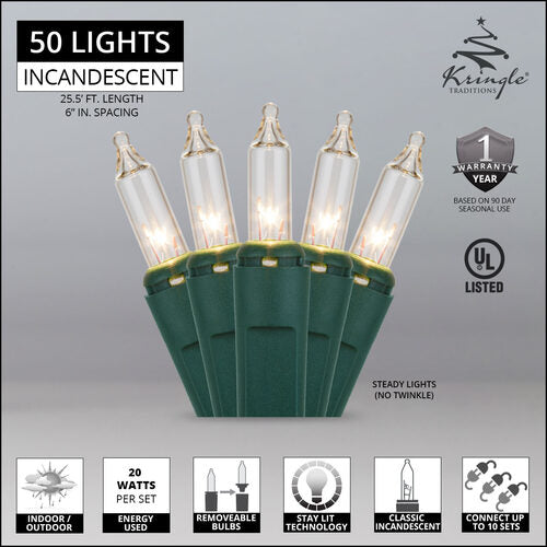 50 Clear Mini Lights, Green Wire, 6" Spacing