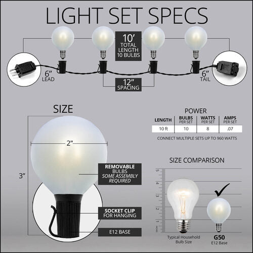 Cool White FlexFilament TM Satin LED Patio String Light Set with G50 Bulbs on Black Wire, E12 Base