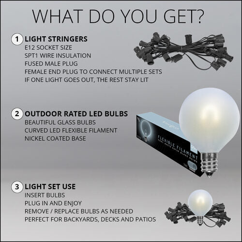 Cool White FlexFilament TM Satin LED Patio String Light Set with G50 Bulbs on Black Wire, E12 Base