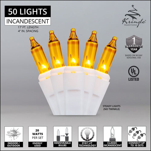 50 Gold Mini Lights, White Wire, 4" Spacing