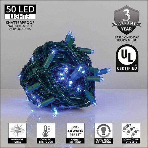 Kringle Traditions 5mm Blue LED Christmas Lights, Green Wire, Balled Set